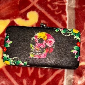 Floral Skull Black Clutch Wallet